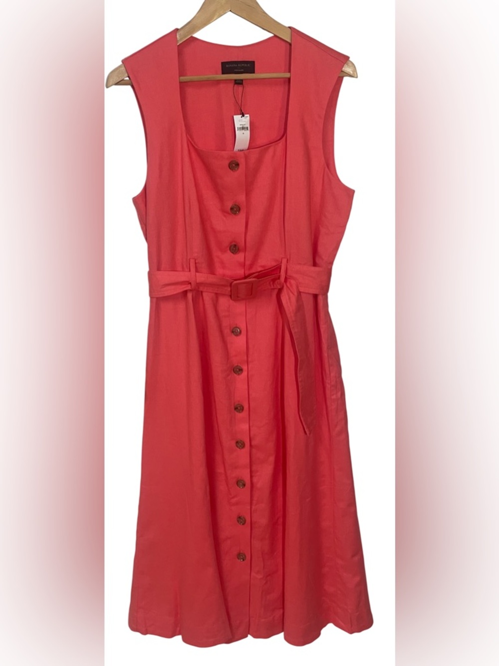Banana Republic Dress Size 12 Linen Blend Coral Button Belt Midi New NWT Read